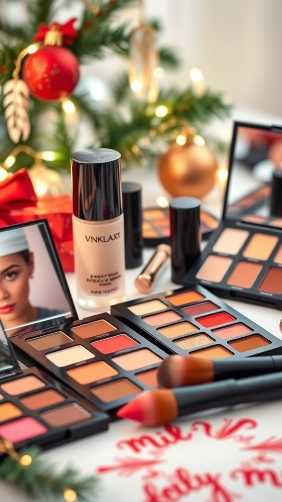 Easy Christmas Makeup Tutorial A festive makeup setup with Christmas-themed decorations and makeup products.